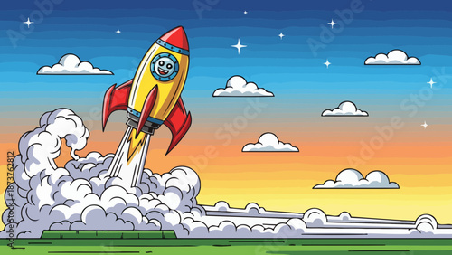 A cartoon rocket ship blasting off into a colorful sky with clouds.