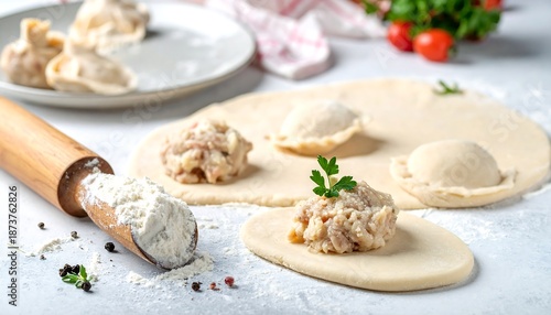 Dumplings being prepared with ingredients spread on a surface
