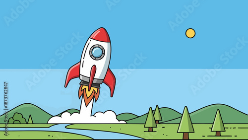 A cartoon rocket ship blasting off into a clear blue sky with a yellow sun and green rolling hills.