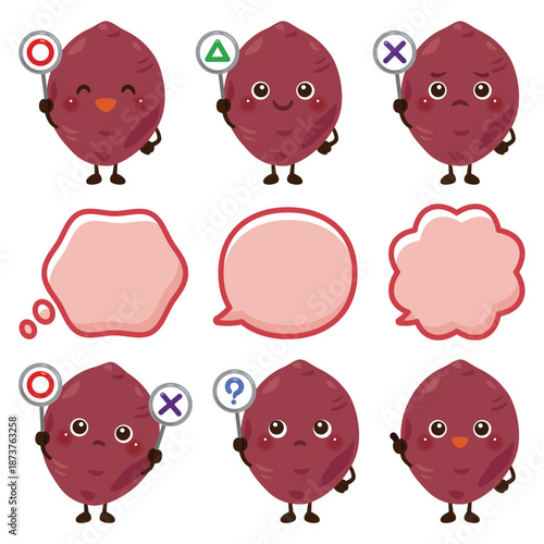 ○×△の札を持ったサツマイモのキャラクター／Cute Sweet Potato Character Illustration Holding O, X, and Triangle Signs