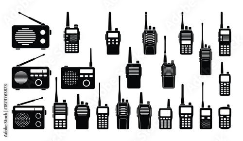 Walkie Talkies Collection, Radio Communication Devices Silhouettes, Black and White Radios Vector Illustration