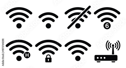 Wi-Fi Icons and Router Vector Graphics Set with Connection Status Indicators