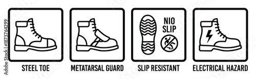 Work Safety Boots Icons: Steel Toe, Metatarsal Guard, Slip Resistant, Electrical Hazard. Safety Footwear Symbols