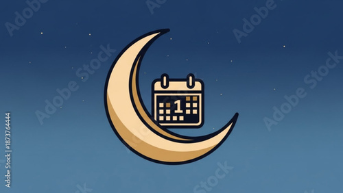Crescent moon with calendar icon symbolizing time and planning flat vector illustration for web and apps