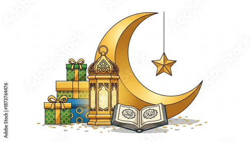 Islamic crescent moon lantern gifts and holy book Ramadan Kareem celebration elements isolated on white background