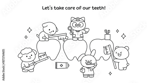 A group of cute cartoon animals brushing teeth with toothbrushes and toothpaste