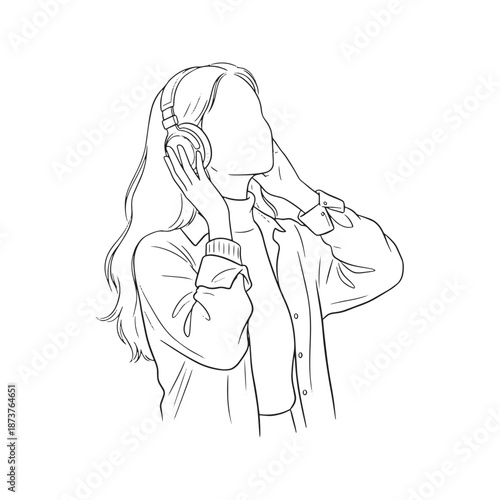 Line art sketch of woman listening to music with headphones. Vector illustration of girl holding headset. Minimalist drawing of female enjoying audio isolated on white background.
