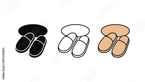 A set of three pairs of slippers in different colors on a white background