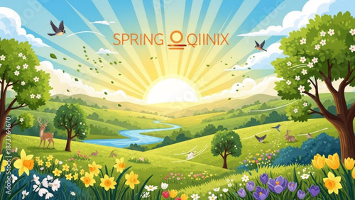Vibrant spring landscape with blooming flowers a winding river and a radiant sun symbolizing renewal and natures beauty 