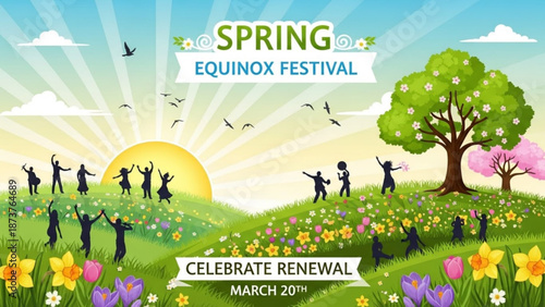 Spring Equinox Festival illustration people celebrating renewal on a sunny meadow with blooming flowers and trees concep