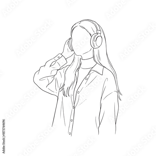 Line art sketch of woman listening to music with headphones. Vector illustration of girl holding headset. Minimalist drawing of female enjoying audio isolated on white background.
