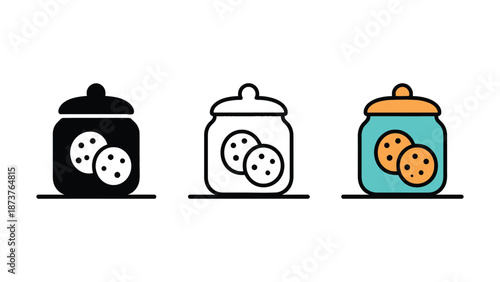 Three colorful cookie jars with lids on a clean white background