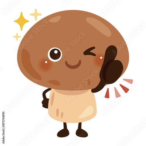 グッドサインを出すきのこキャラクターイラスト／Cute Mushroom Character Illustration Giving a Thumbs-Up
