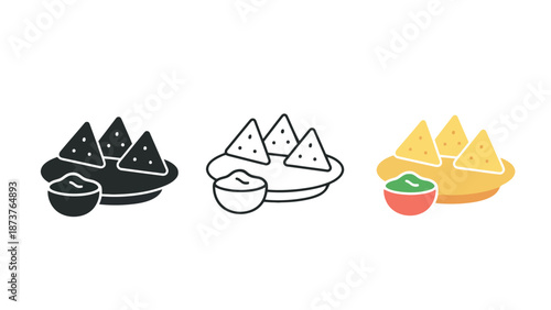 A plate of samosas with different colored dips on a white background