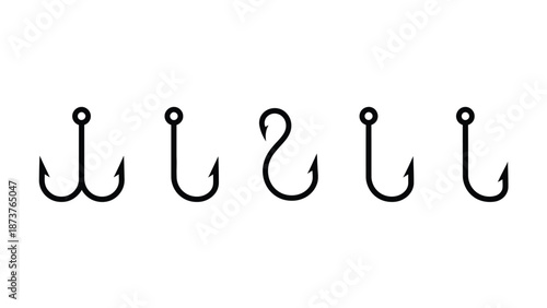 A set of five different fishing hooks on a white background