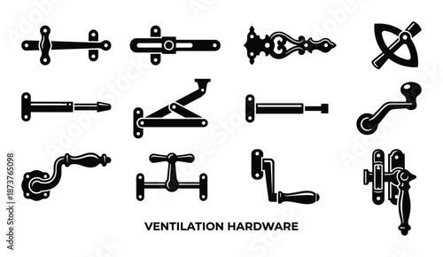 Ventilation hardware vector illustration, Black and white architectural hardware graphics for doors and windows.