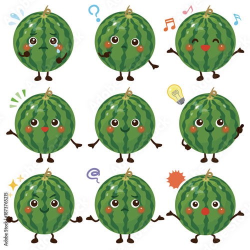 スイカのキャラクターイラスト　表情セット／Cute Watermelon Character Illustration – Expression Set