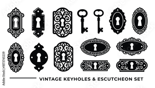 Vintage Keyholes and Escutcheon Set. Black Keys with Decorative Ornate Designs Collection.