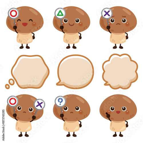 ○×△の札を持ったきのこのキャラクター／Cute Mushroom Character Illustration Holding O, X, and Triangle Signs