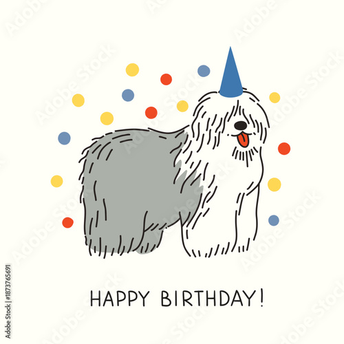 Doodle monochrome sketch bobtail dog Happy Birthday greeting card. Cartoon dog with party hat on head vector Illustration, surrounded with confetti, on white background. Hand drawn puppy postcard.