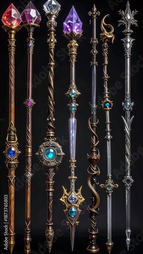 Fantasy collection of ornate staffs, showcasing gemstone details