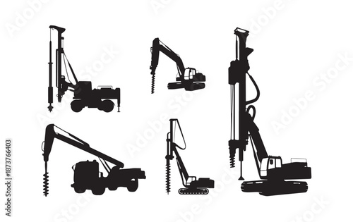 Construction Drilling Machine Silhouette Vector Set, Heavy Equipment, Pile Driver and Excavator Machinery Design.