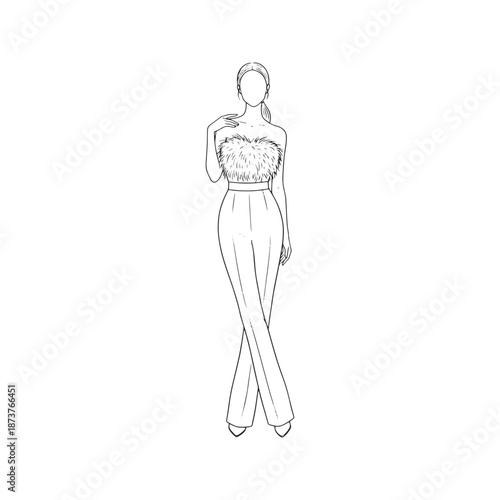 Fashion illustration sketch of woman wearing elegant strapless jumpsuit with feather bodice details. Vector line art of female model posing in trendy evening wear outfit.

