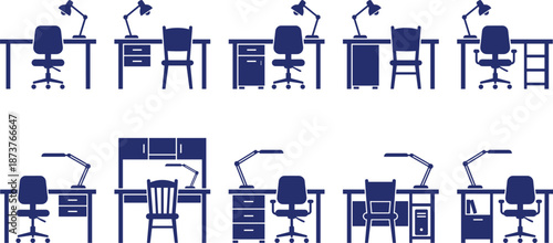Blue office desk silhouette set illustration, workspace furniture equipment collection, modern workplace interior icons isolated on white background
