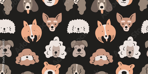 Funny smiling dog animal face icon cartoon seamless pattern in flat doodle illustration style. Cute puppy pet head, black background, diverse domestic dogs breed wallpaper. Textile, fabric print.