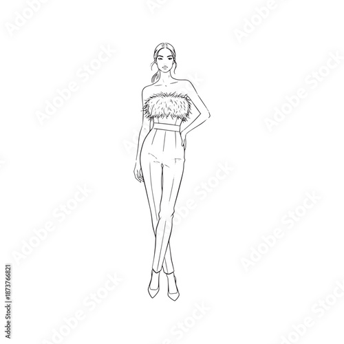 Fashion illustration sketch of woman wearing elegant strapless jumpsuit with feather bodice details. Vector line art of female model posing in trendy evening wear outfit.
