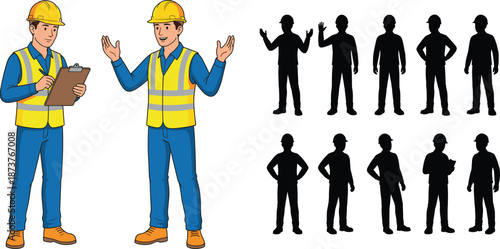Construction worker character set illustration, engineer with helmet clipboard and silhouette poses, industrial labor people isolated on white background