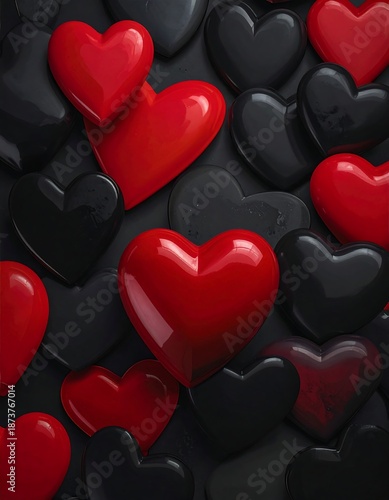 Glossy red and black hearts fill the frame in a Valentine's Day composition