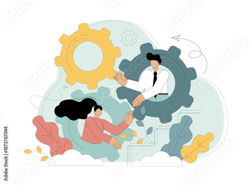 Teamwork. Man and woman turning gears. Effective collaboration. Vector illustration.eps