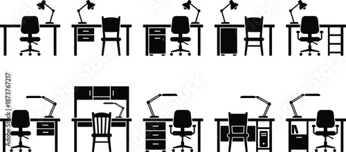 Office desk silhouette set illustration, workspace furniture equipment collection, modern workplace interior icons isolated on white background