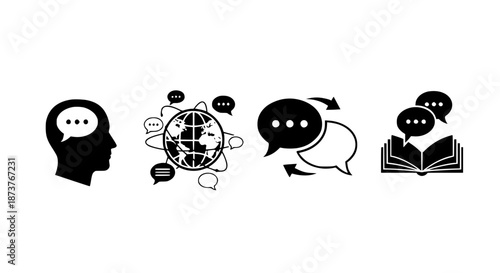 Collection Of Minimalist Black Icons Representing Global Communication Human Thought Education And International Social Networking
