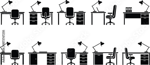 Office desk silhouette set illustration, professional workspace furniture layouts collection, modern workplace equipment icons isolated on white background