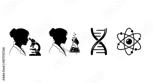 Collection Of Minimalist Black Icons Depicting Female Scientists Conducting Biological Research Alongside DNA And Atom Symbols