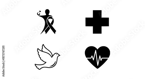 Collection Of Minimalist Black Icons Representing Healthcare Awareness Support Hope Peace And Vital Medical Services