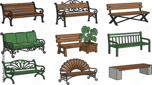 Park bench set illustration, decorative outdoor seating furniture collection, wooden and metal garden benches isolated on white background
