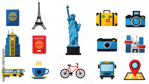 Vibrant flat design icons depicting global travel, tourism, famous landmarks, transportation, and vacation essentials