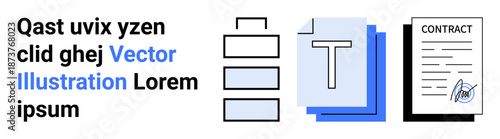 Document management, contract approval, text editing, business organization, data processing, legal agreements. A stack of papers, text file and signed contract document. Document management