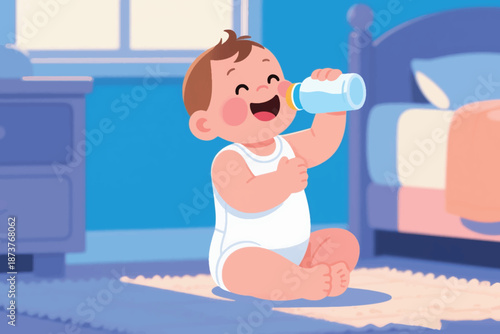 Illustration Of A Small Child Drinking Milk Using A Bottle Vector Design Template