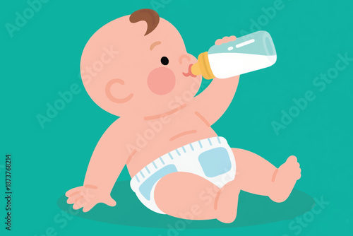 Illustration Of A Baby Leaning Back While Drinking Milk From A Bottle Vector Design Template