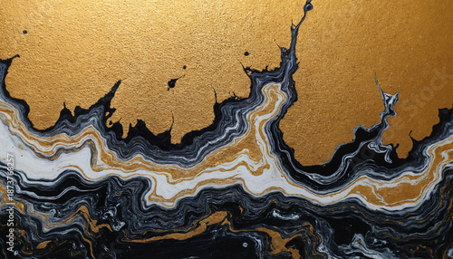 Abstract fluid acrylic painting in gold, black and white colors representing a luxurious marble texture background with copy space