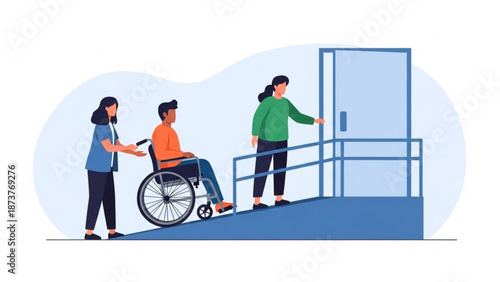 Man in wheelchair using ramp with assistance accessing building entrance concept of accessibility and inclusion