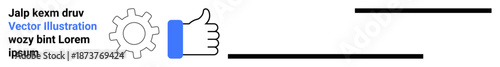 Approval, optimization, feedback management, settings, positive reinforcement, and process efficiency. A thumbs up icon next to a gear. Approval and optimization concept