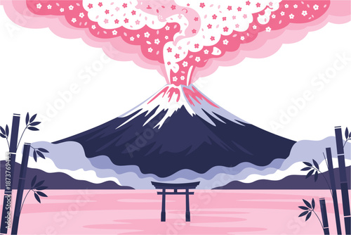 Stunning pink volcanic eruption at iconic Japanese mountain with cherry blossom smoke