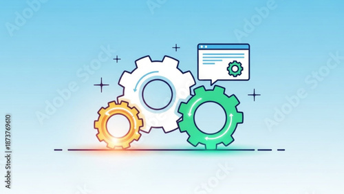 Interlocking gears and settings icon in a flat design representing system setup configuration and technical process isolated on a blue gradient 