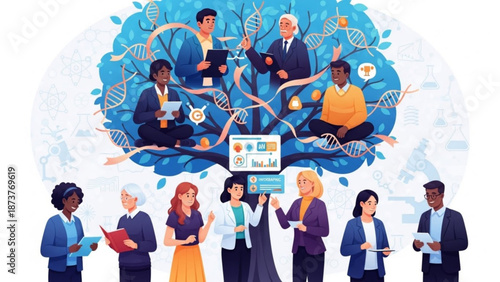 Diverse group of people in a stylized tree of life representing genealogy and scientific research for concept of heritage and DNA