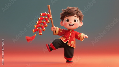 3D Rendered Cute Cartoon Boy in Traditional Chinese Red Tang Suit Holding Firecrackers, Festive Illustration for 2026 Lunar New Year (Year of the Horse)